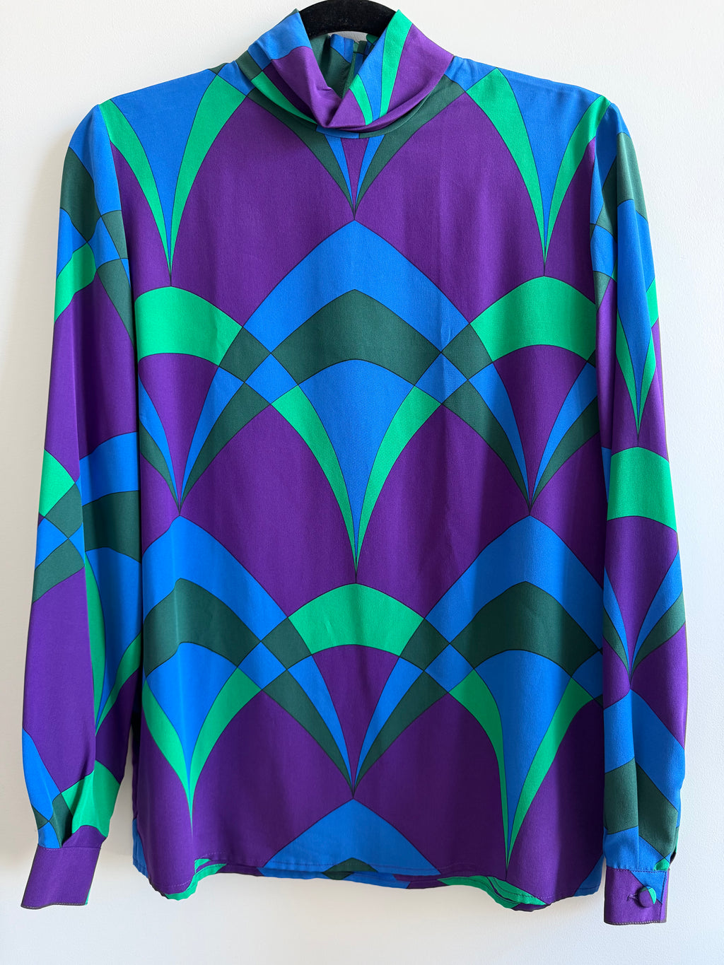 1970s Valentino Miss V Geometric Print Silk Blouse
