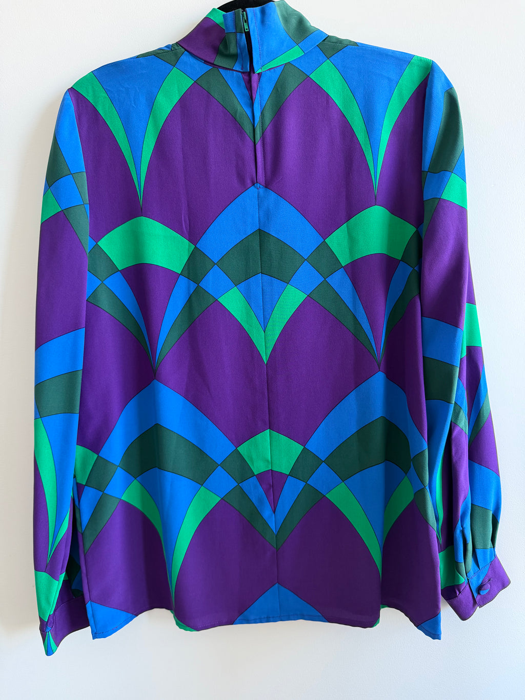 1970s Valentino Miss V Geometric Print Silk Blouse