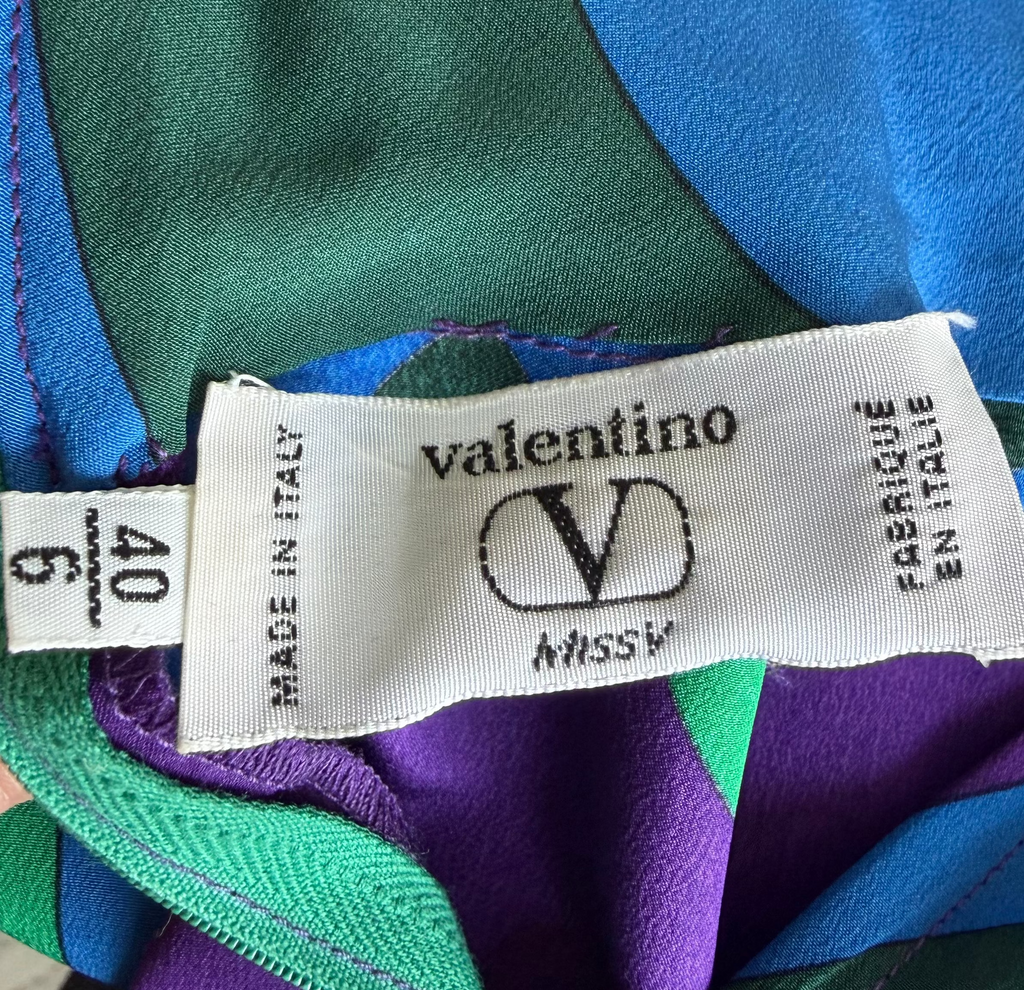 1970s Valentino Miss V Geometric Print Silk Blouse