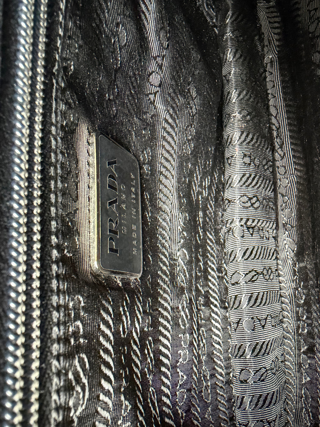 Vintage Prada Nero Spazzolato Leather Chain Shoulder Bag