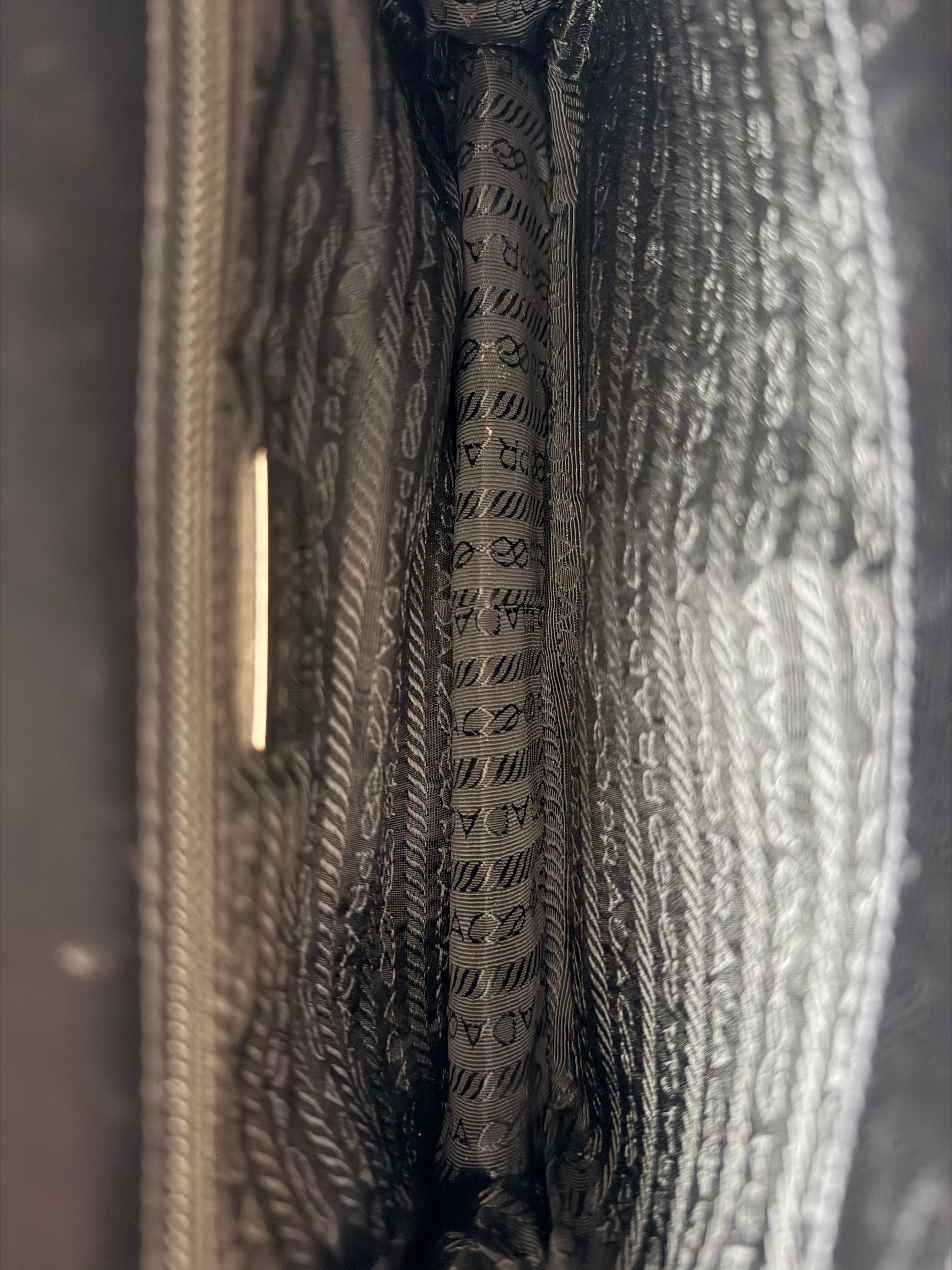 Vintage Prada Nero Spazzolato Leather Chain Shoulder Bag