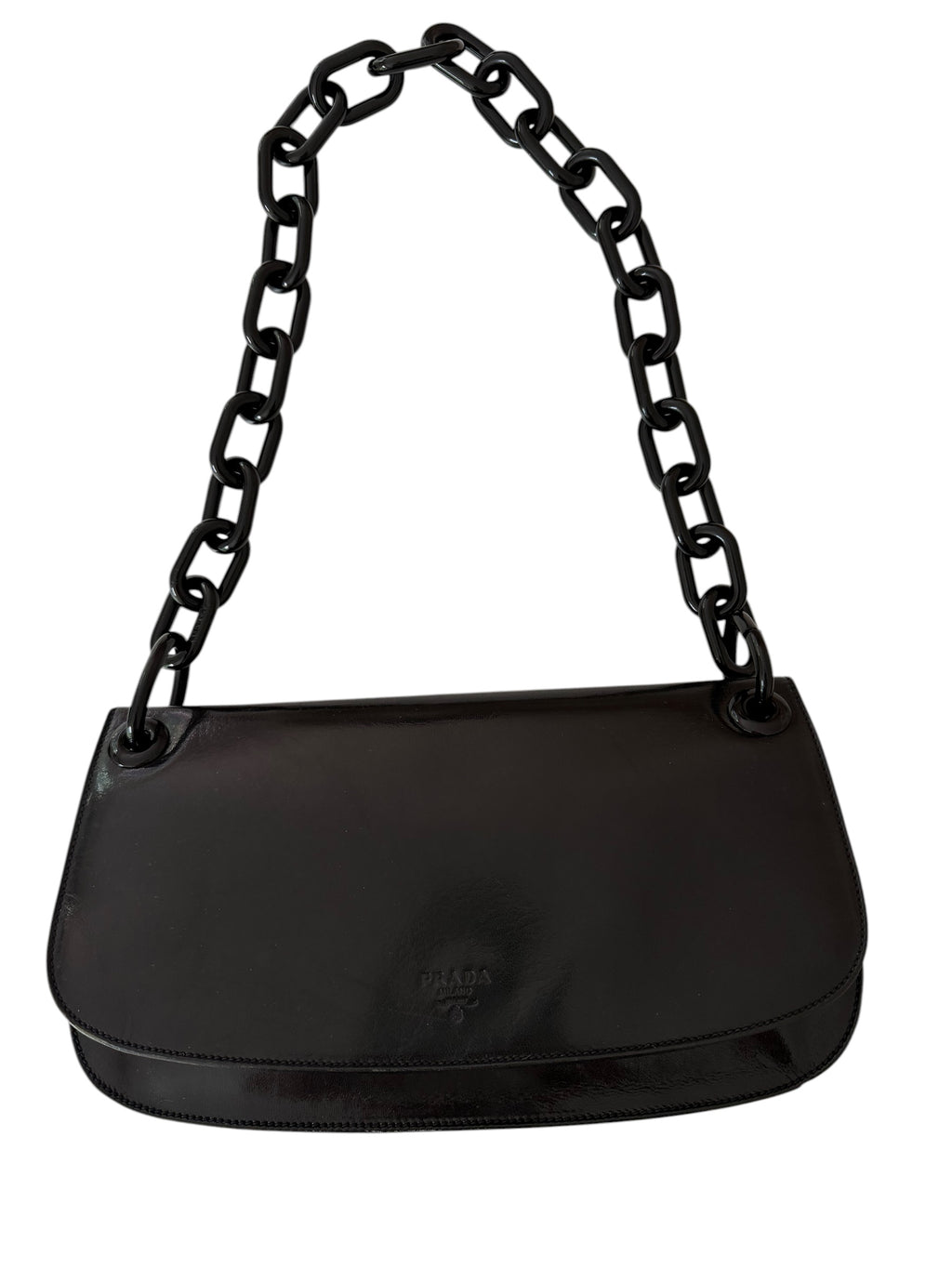 Vintage Prada Nero Spazzolato Leather Chain Shoulder Bag