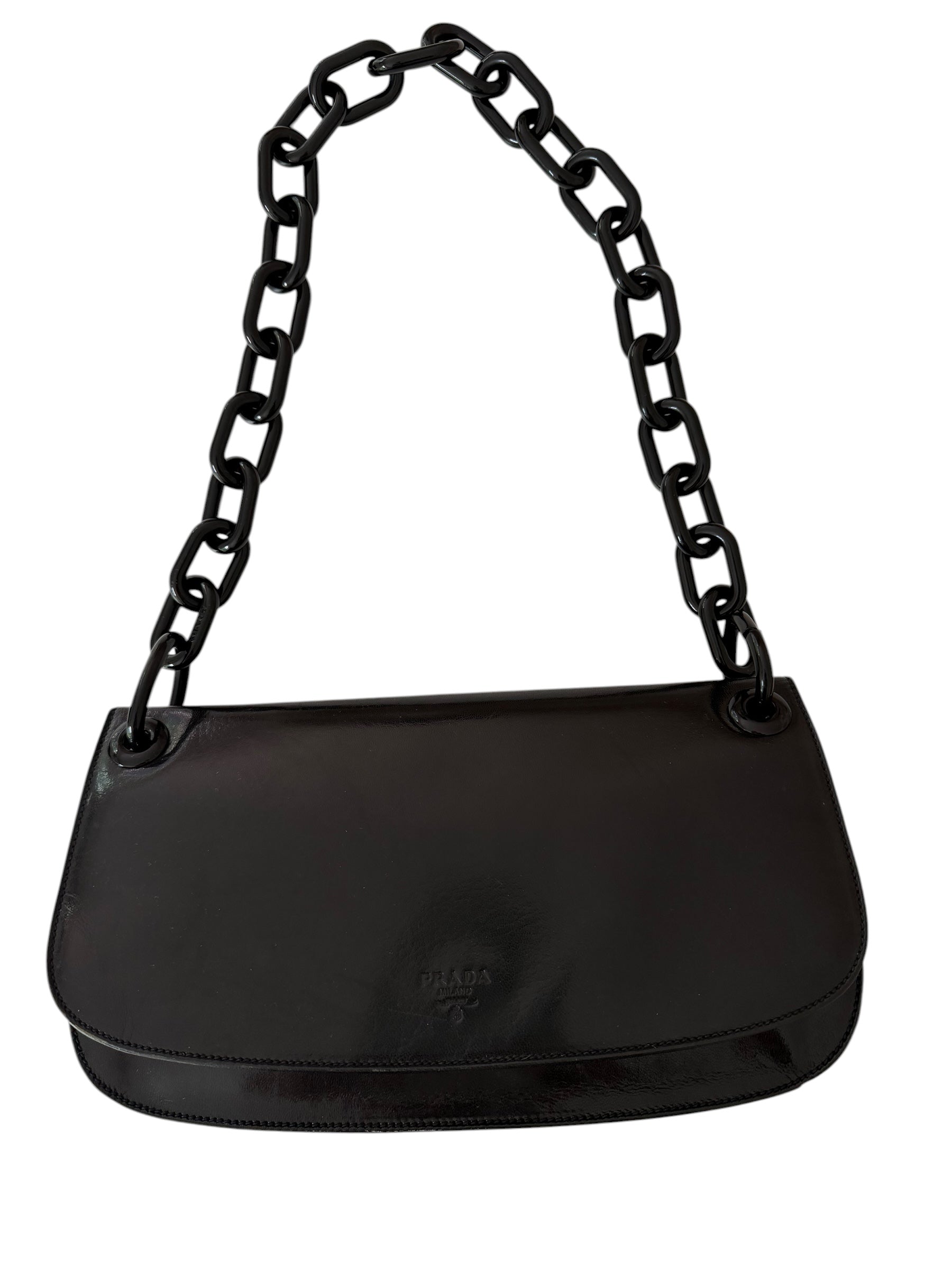 Vintage Prada Nero Spazzolato Leather Chain Shoulder Bag