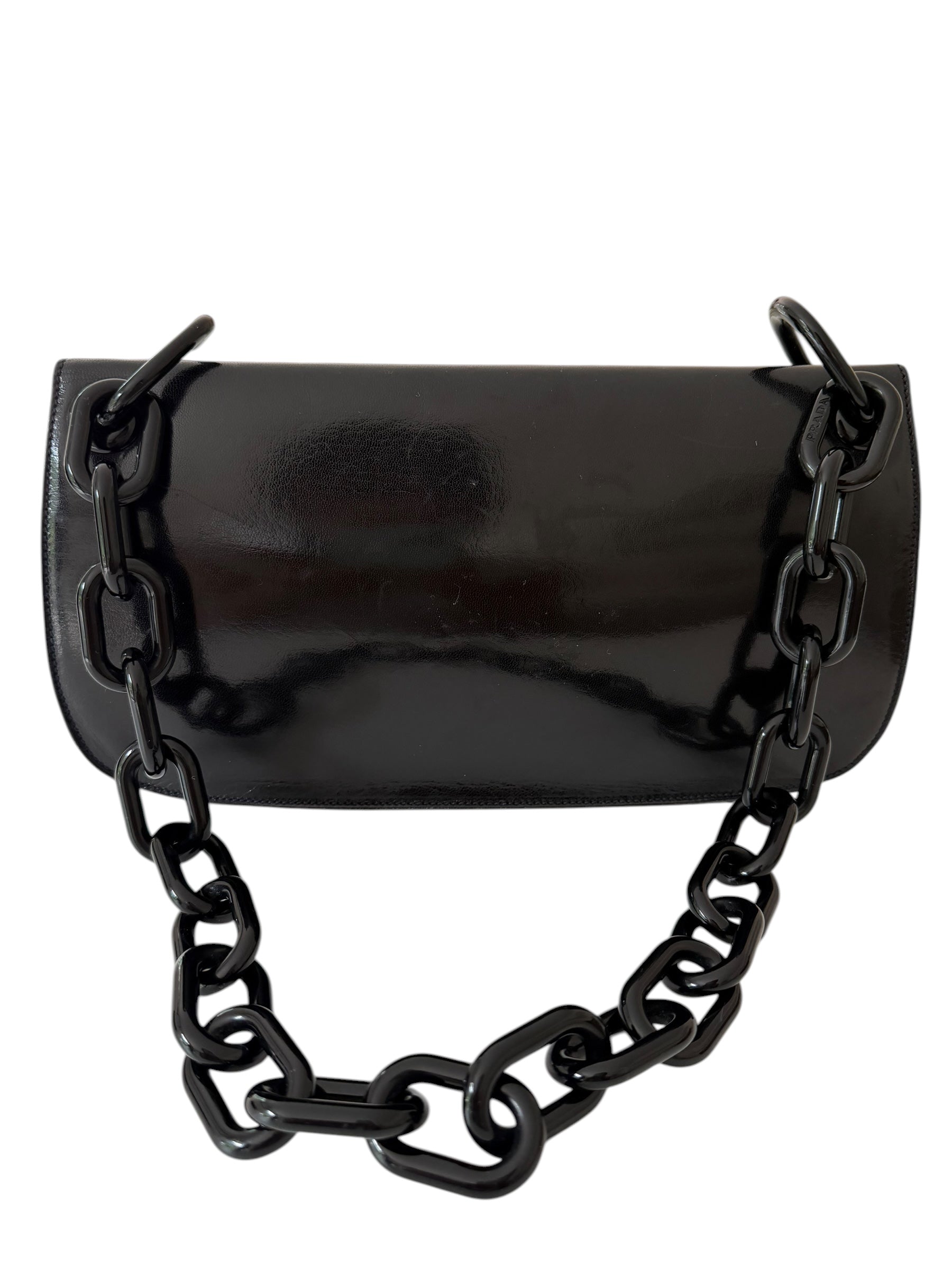 Vintage Prada Nero Spazzolato Leather Chain Shoulder Bag