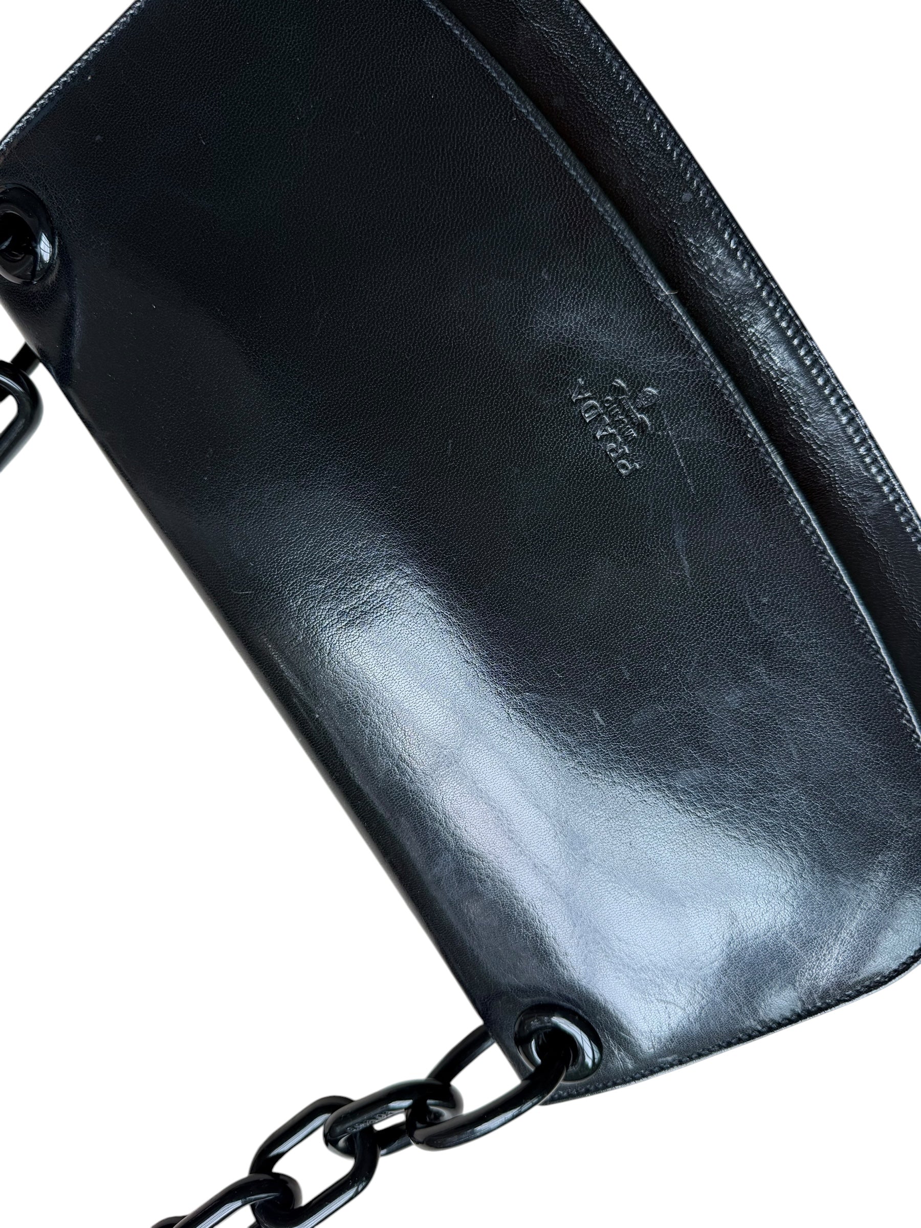 Vintage Prada Nero Spazzolato Leather Chain Shoulder Bag