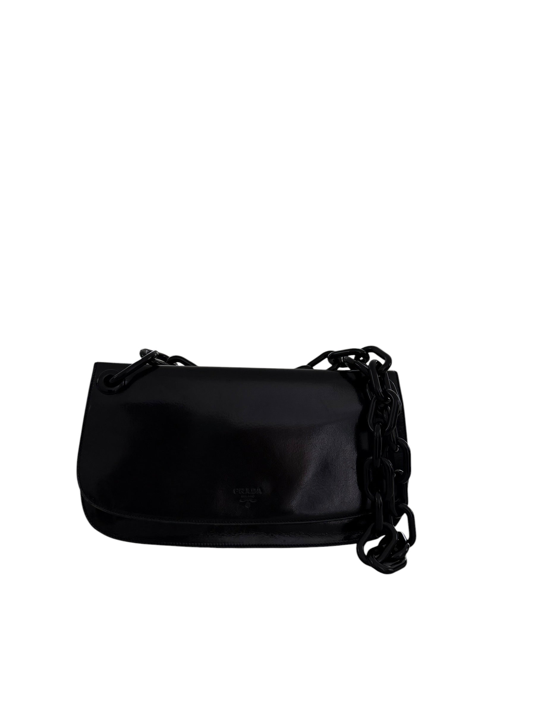 Vintage Prada Nero Spazzolato Leather Chain Shoulder Bag