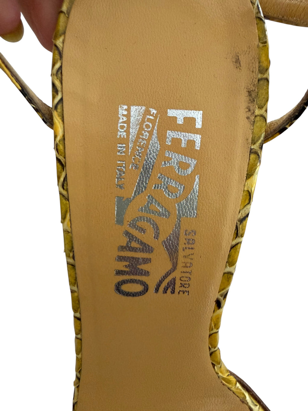 Salvatore Ferragamo Yellow Snakeskin Strappy Sandals