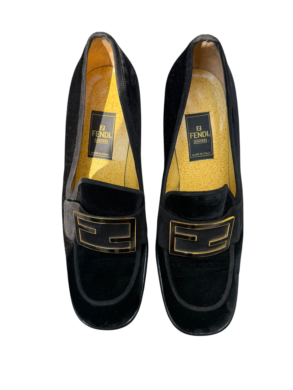 Vintage Fendi Scarpe Black Velvet FF Logo Block Heel Loafers Size 8.5