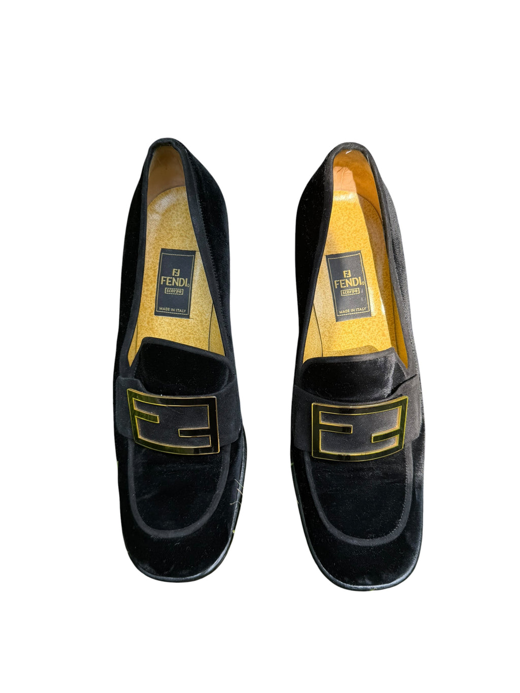 Vintage Fendi Scarpe Black Velvet FF Logo Block Heel Loafers Size 8.5
