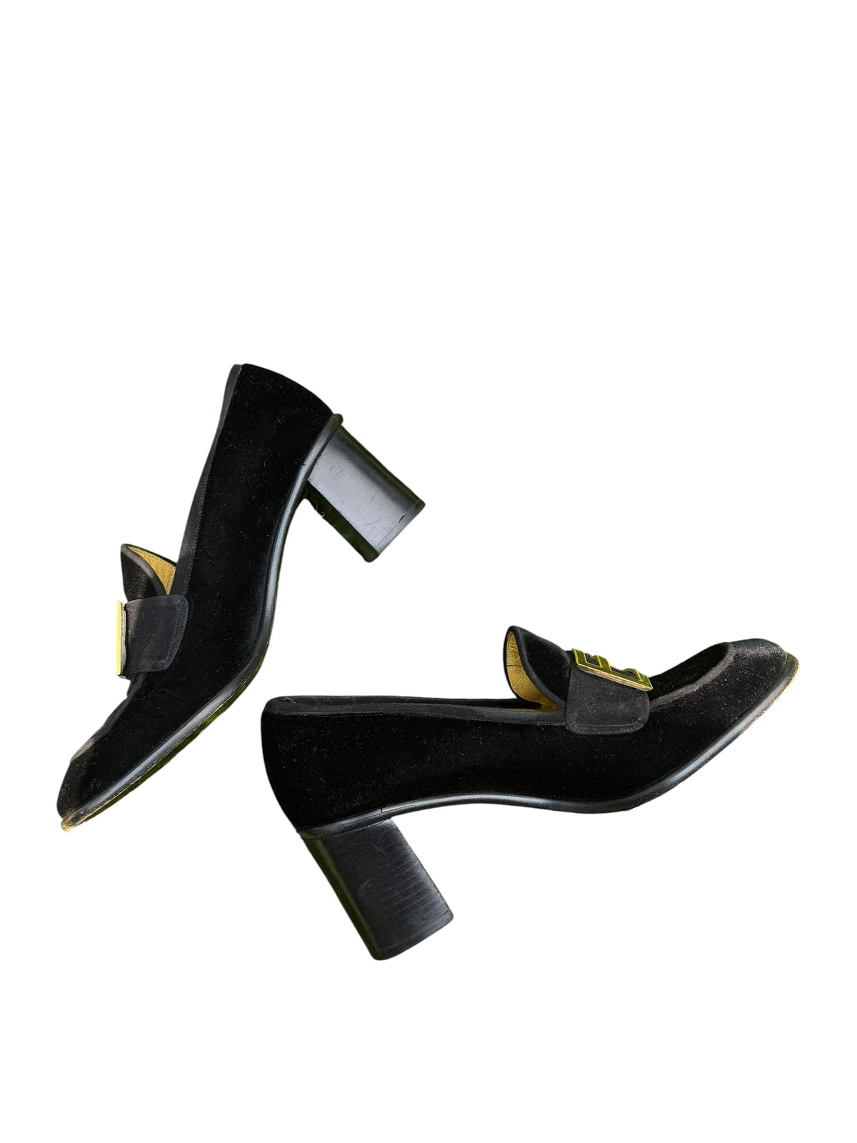 Vintage Fendi Scarpe Black Velvet FF Logo Block Heel Loafers Size 8.5
