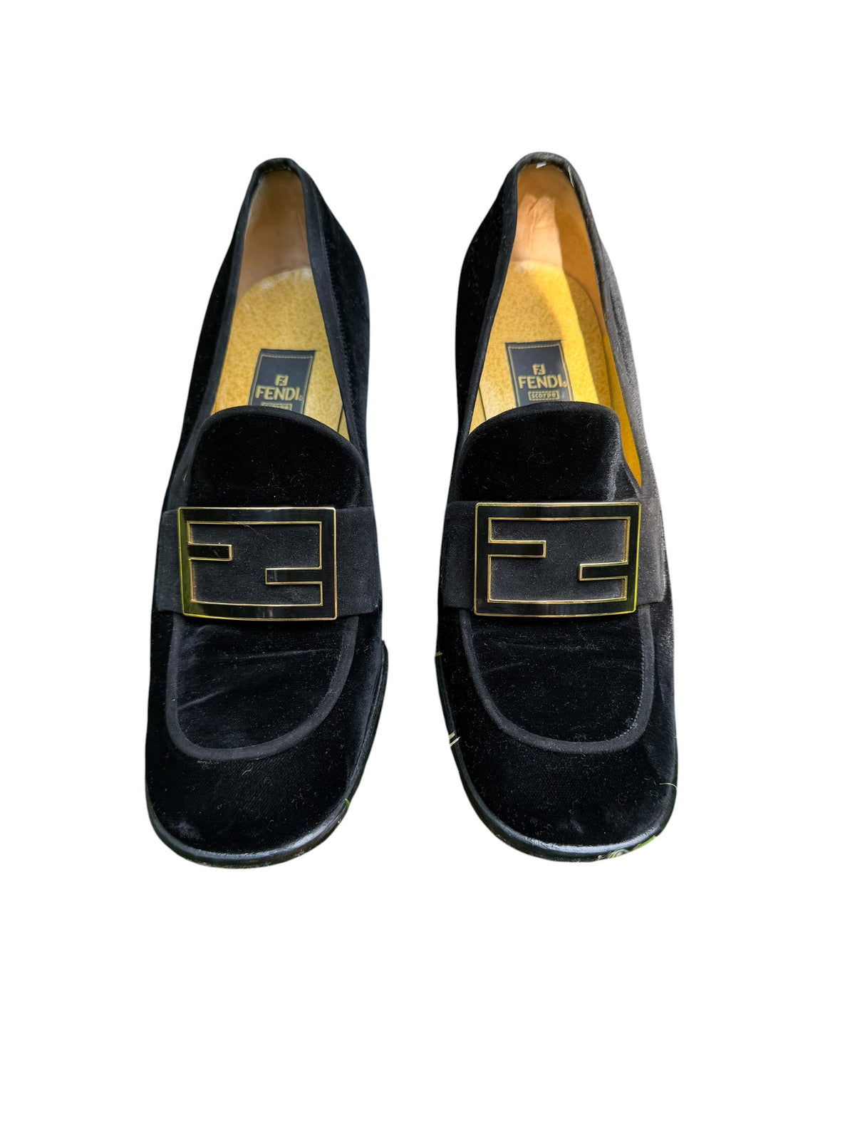 Vintage Fendi Scarpe Black Velvet FF Logo Block Heel Loafers Size 8.5