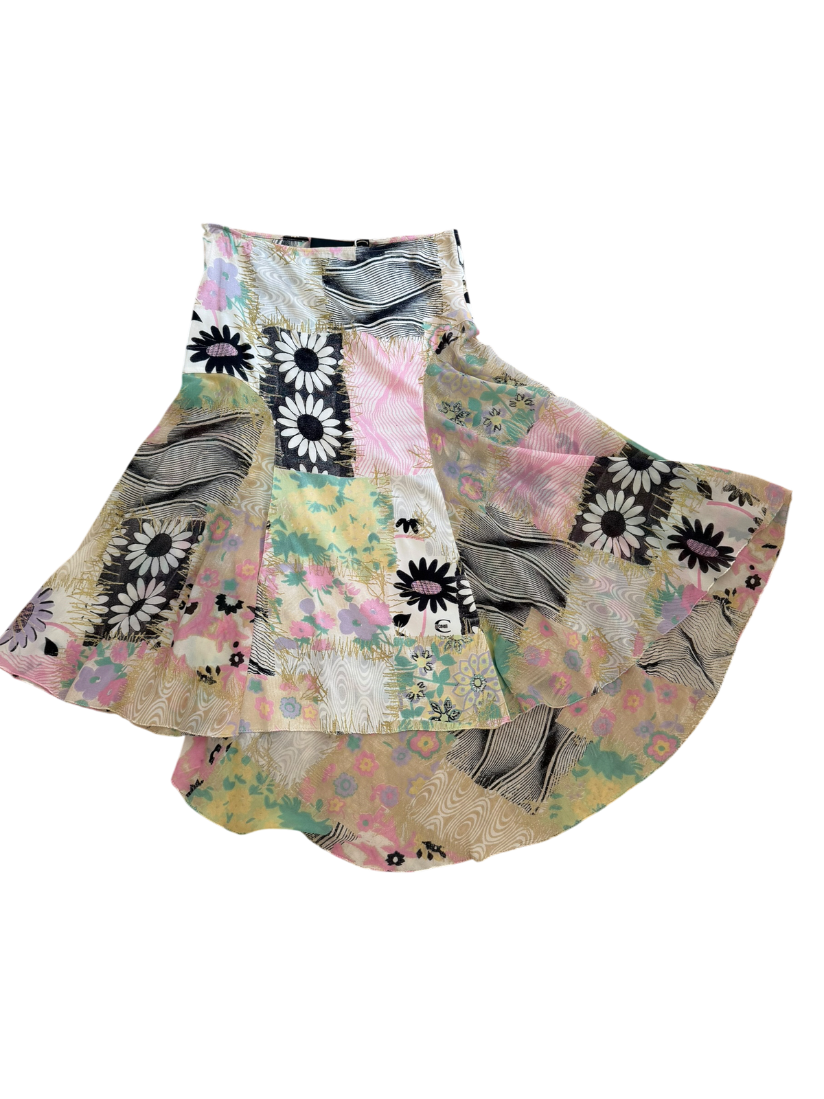 Vintage Y2K Just Cavalli Silk Patchwork Floral Asymmetrical Midi Skirt