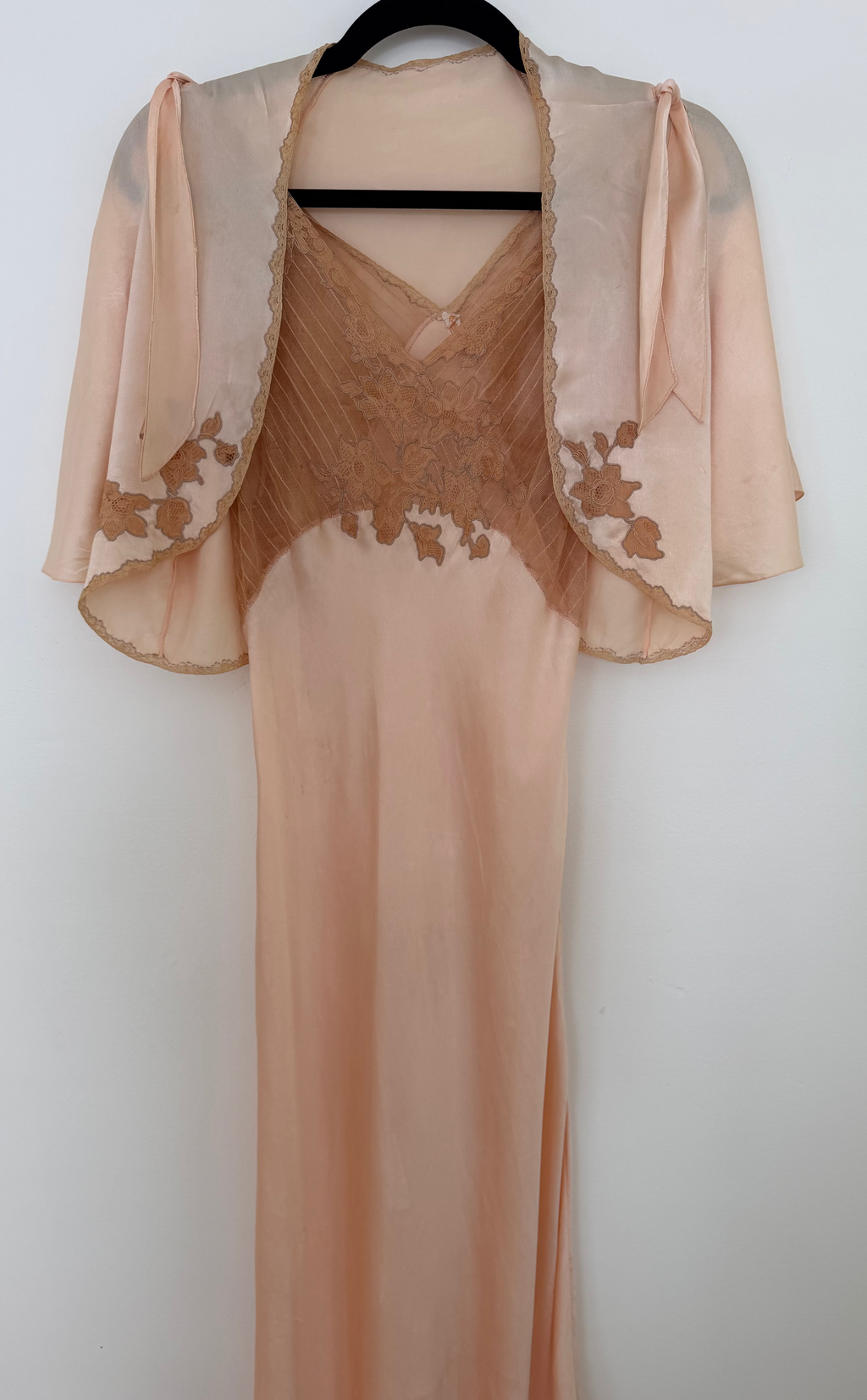 1930s–1940s Blush Silk & Lace Bias-Cut Peignoir Set — Gown + Bed Jacket