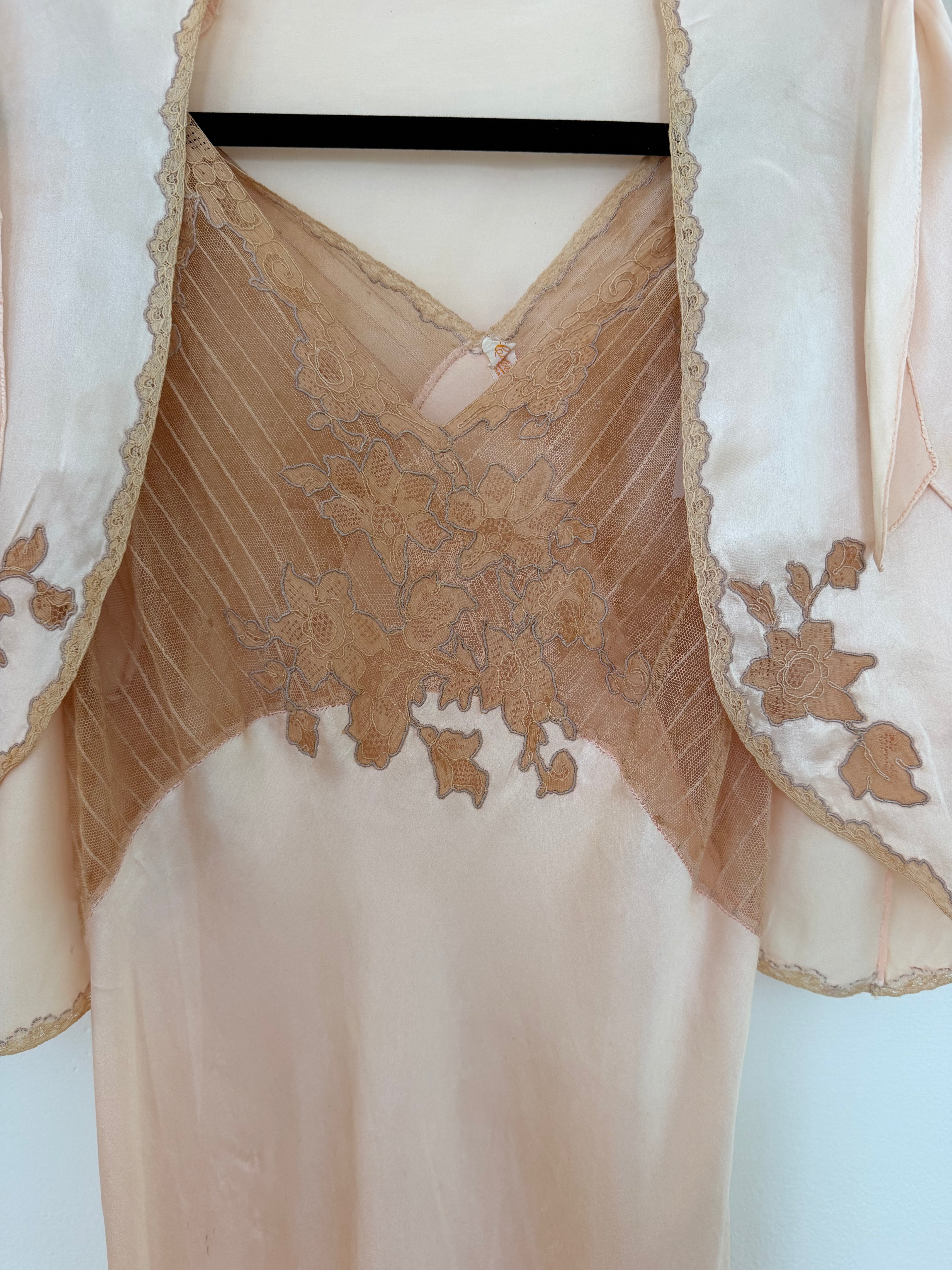 1930s–1940s Blush Silk & Lace Bias-Cut Peignoir Set — Gown + Bed Jacket