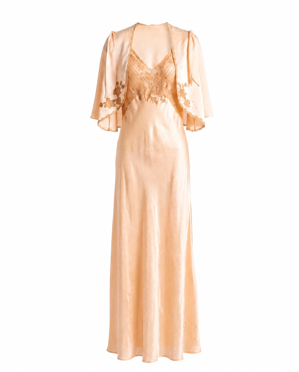 1930s–1940s Blush Silk & Lace Bias-Cut Peignoir Set — Gown + Bed Jacket