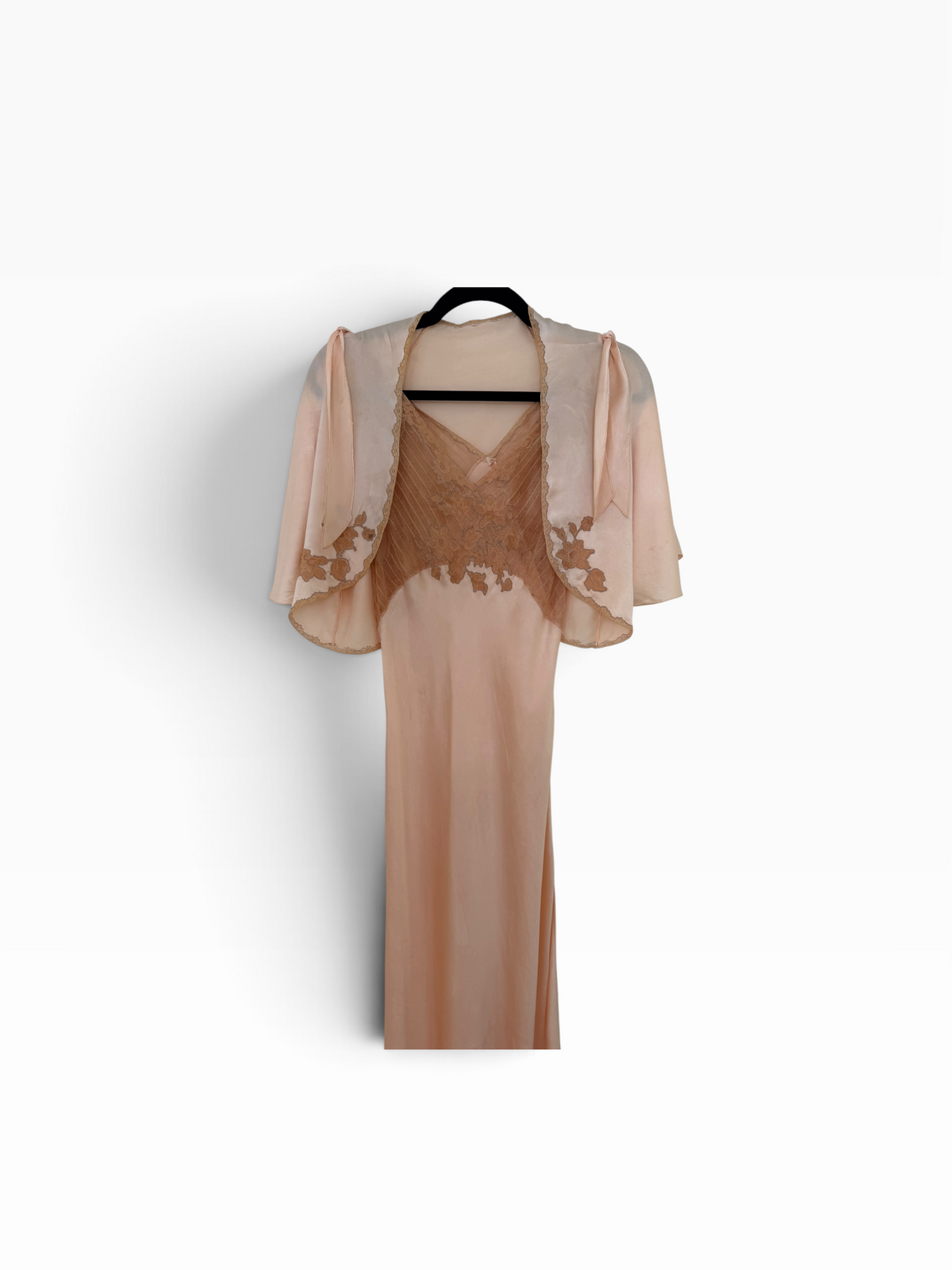 1930s–1940s Blush Silk & Lace Bias-Cut Peignoir Set — Gown + Bed Jacket