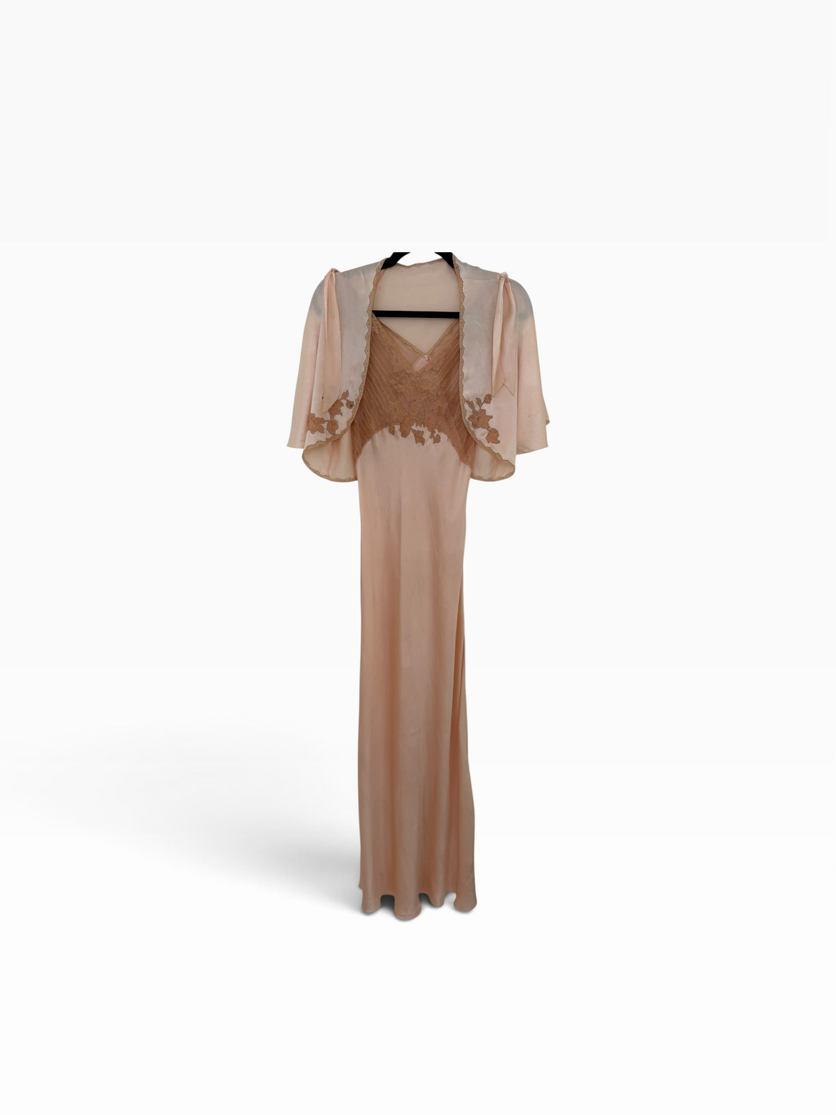 1930s–1940s Blush Silk & Lace Bias-Cut Peignoir Set — Gown + Bed Jacket