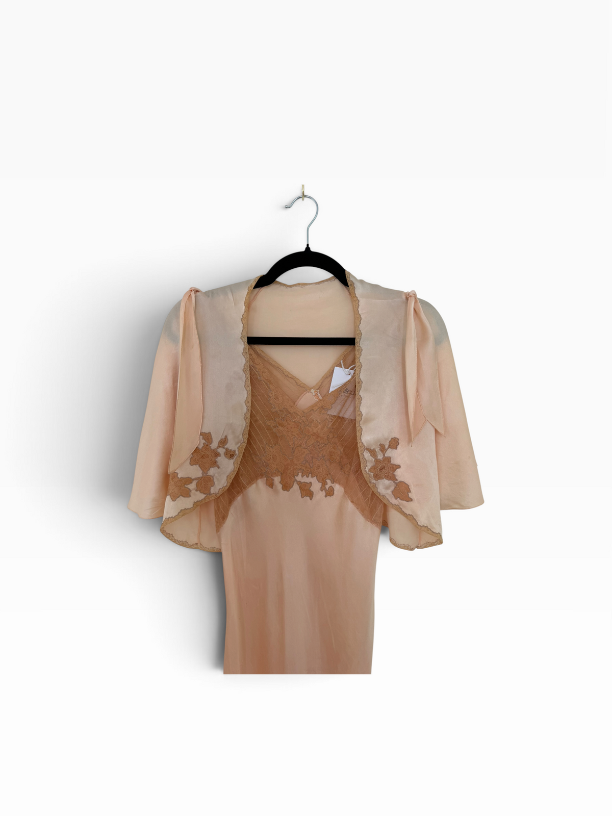 1930s–1940s Blush Silk & Lace Bias-Cut Peignoir Set — Gown + Bed Jacket