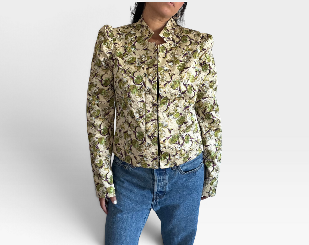 Roberto Cavalli Vintage Floral Silk Jacket with Sculptural Puff Shoulders