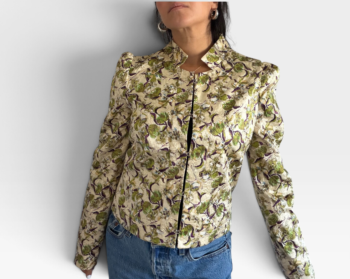 Roberto Cavalli Vintage Floral Silk Jacket with Sculptural Puff Shoulders