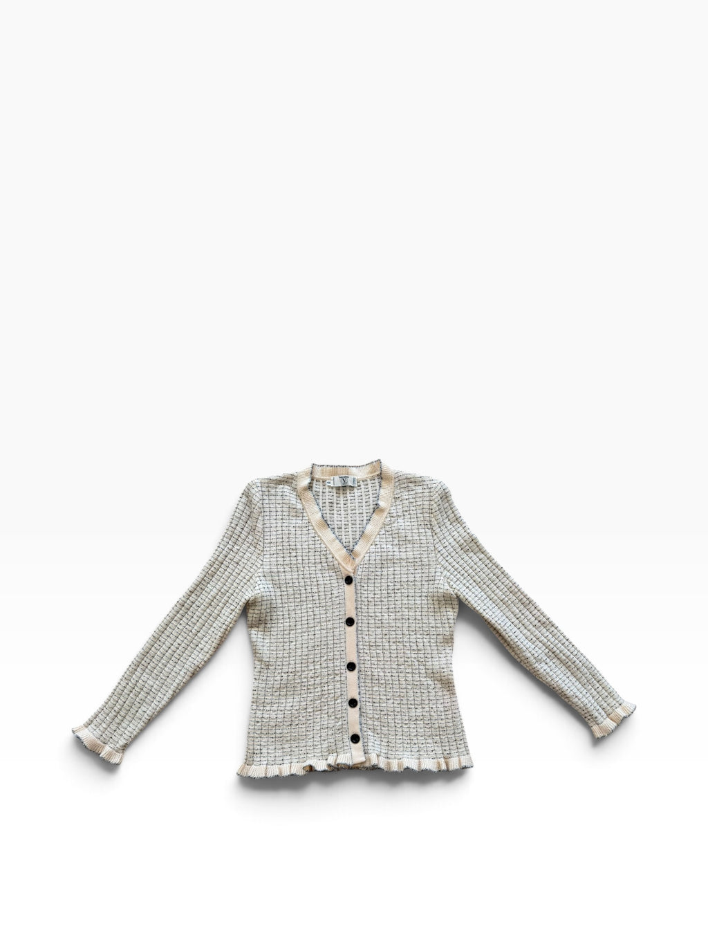 Early 90s Valentino Miss V Ivory Tweed-Effect Wool Knit Ruffle Cardigan
