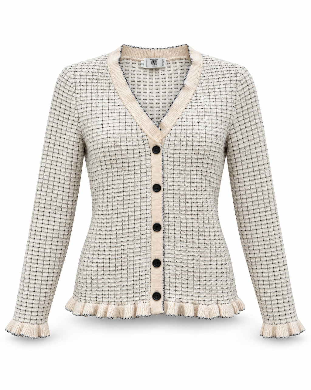 Early 90s Valentino Miss V Ivory Tweed-Effect Wool Knit Ruffle Cardigan