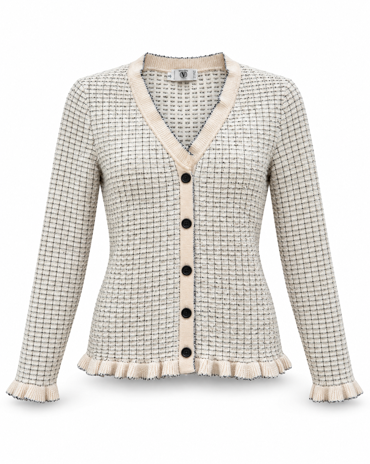 Early 90s Valentino Miss V Ivory Tweed-Effect Wool Knit Ruffle Cardigan