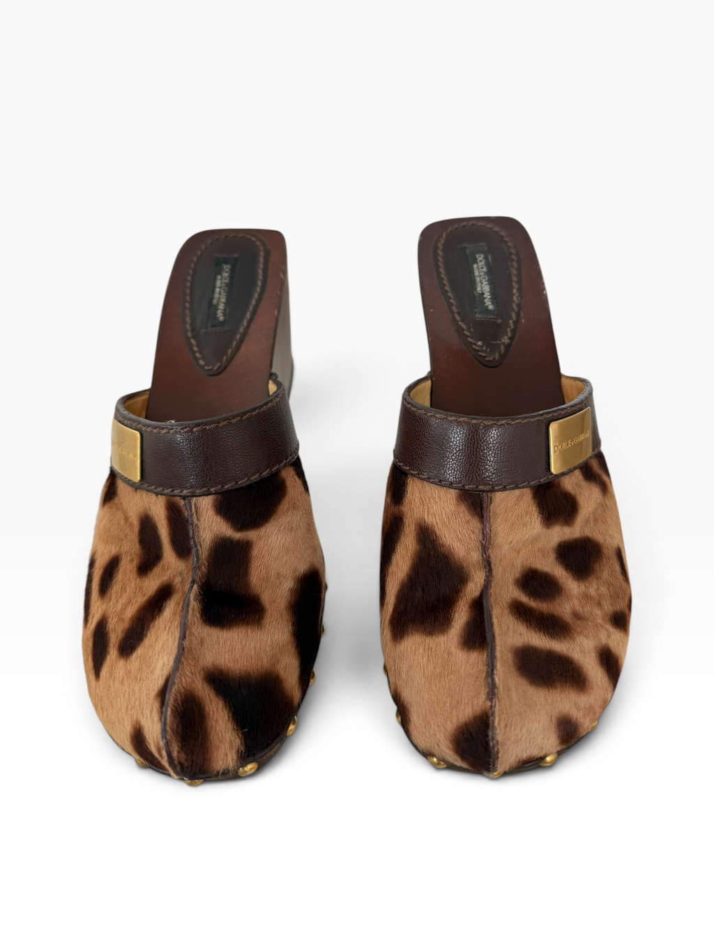 Y2K Dolce & Gabbana Leopard Print Pony Hair Wooden Heel Clogs – Size 39