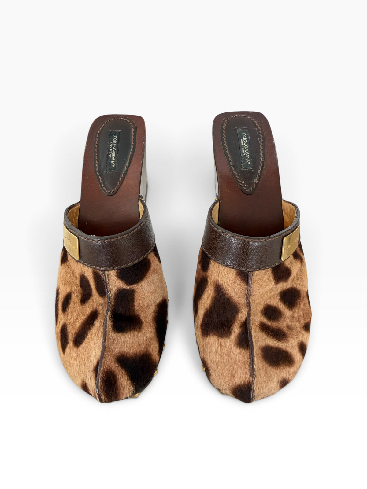 Y2K Dolce & Gabbana Leopard Print Pony Hair Wooden Heel Clogs – Size 39