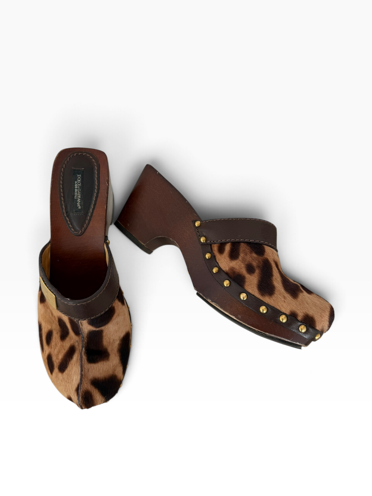 Y2K Dolce & Gabbana Leopard Print Pony Hair Wooden Heel Clogs – Size 39