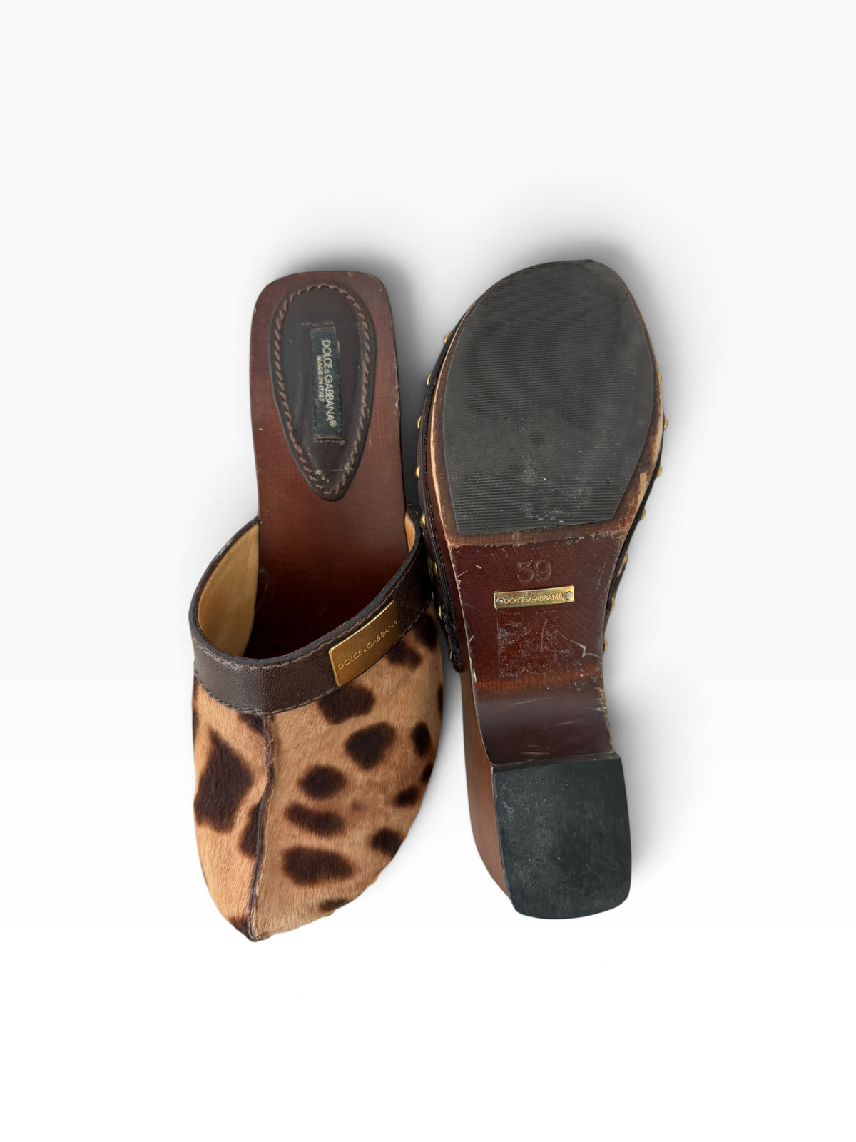 Y2K Dolce & Gabbana Leopard Print Pony Hair Wooden Heel Clogs – Size 39