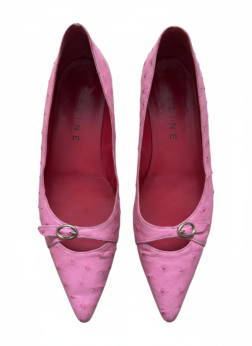 CELINE Pink Ostrich-Embossed Mary Jane Flats -Late 90s early 2000s