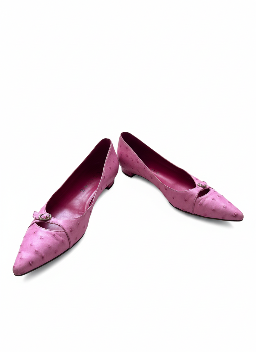 CELINE Pink Ostrich-Embossed Mary Jane Flats -Late 90s early 2000s