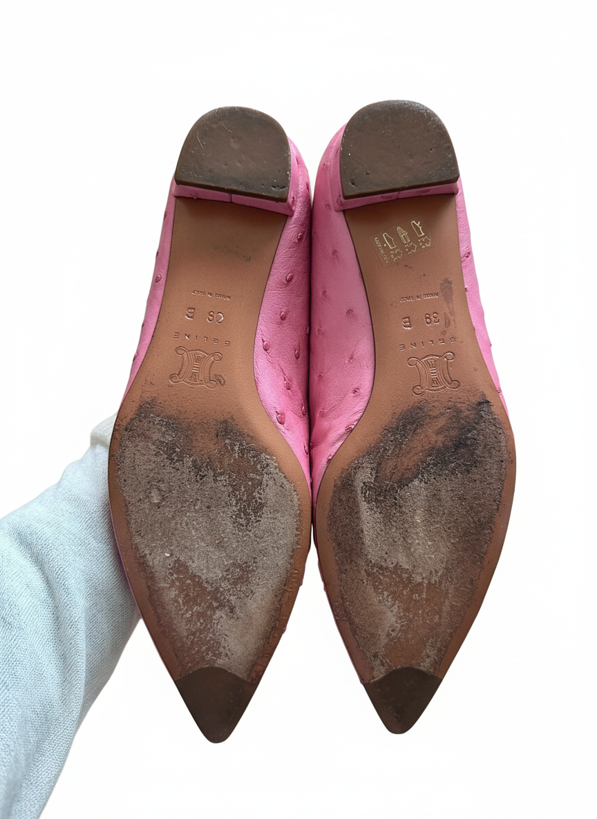CELINE Pink Ostrich-Embossed Mary Jane Flats -Late 90s early 2000s