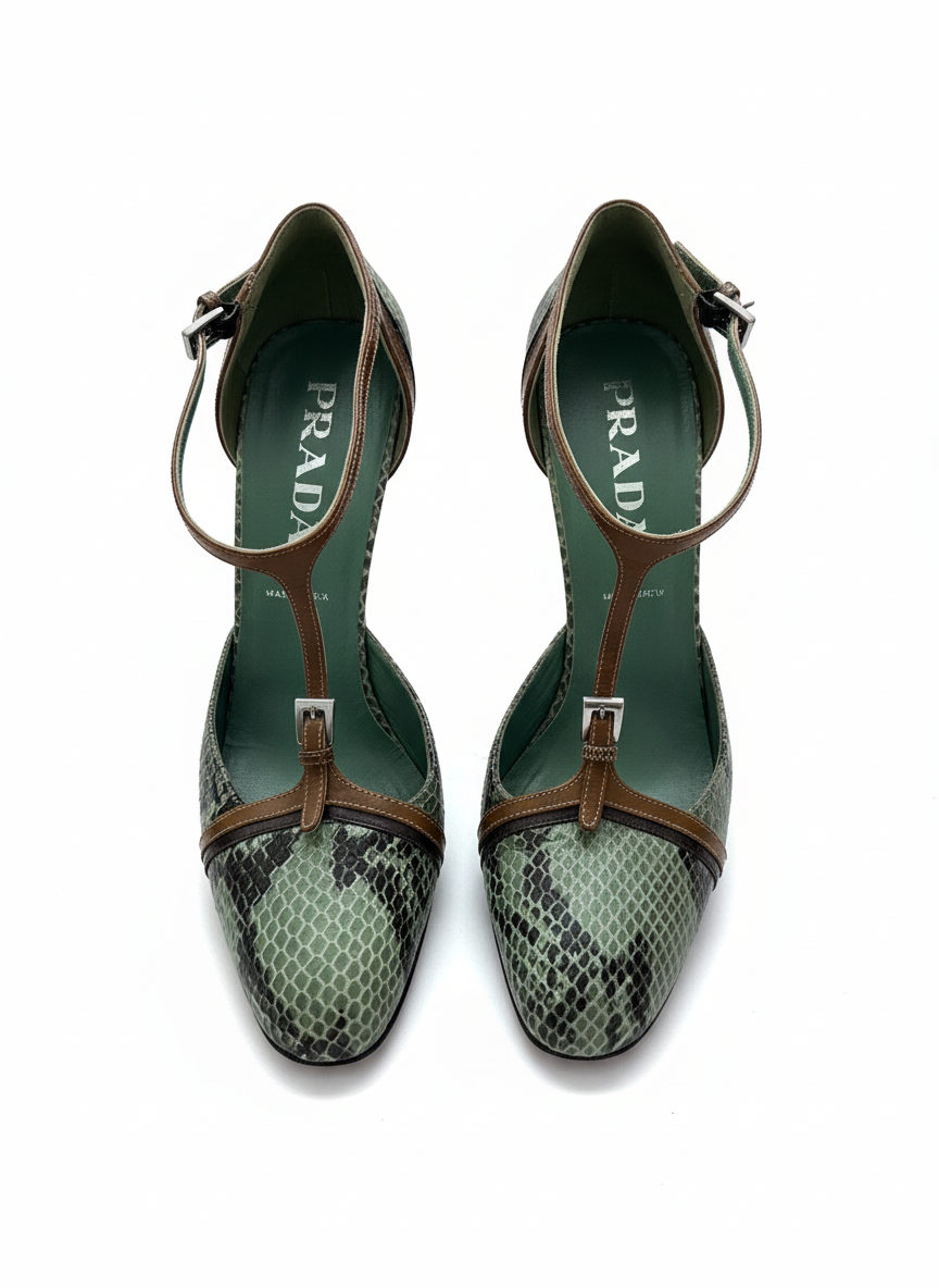 PRADA Green Snakeskin T-Strap Heels - early 2000s