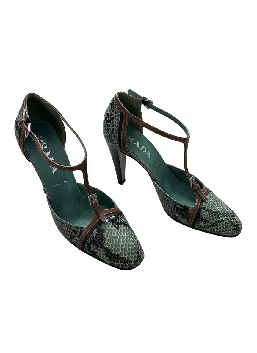 PRADA Green Snakeskin T-Strap Heels - early 2000s