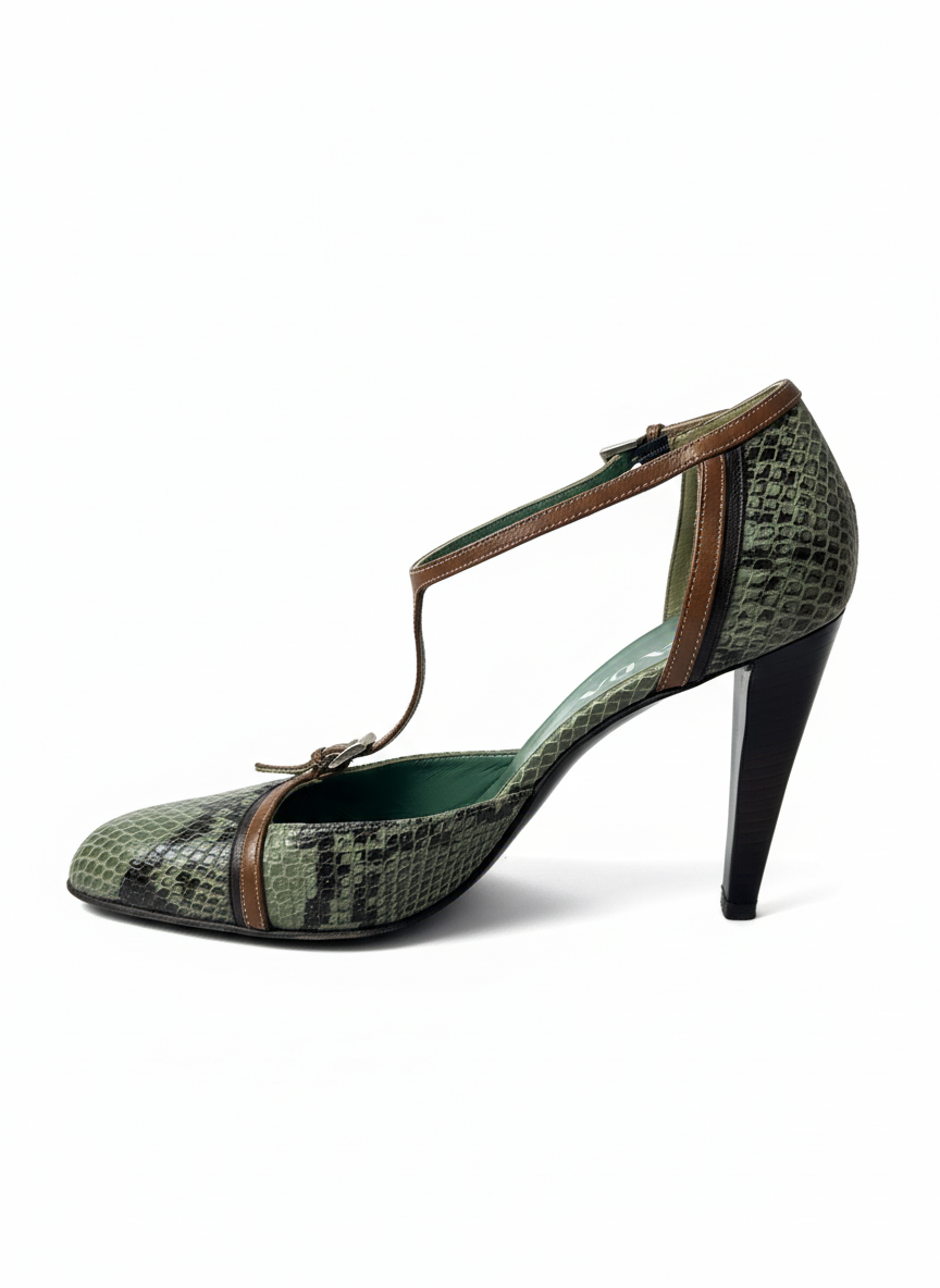 PRADA Green Snakeskin T-Strap Heels - early 2000s