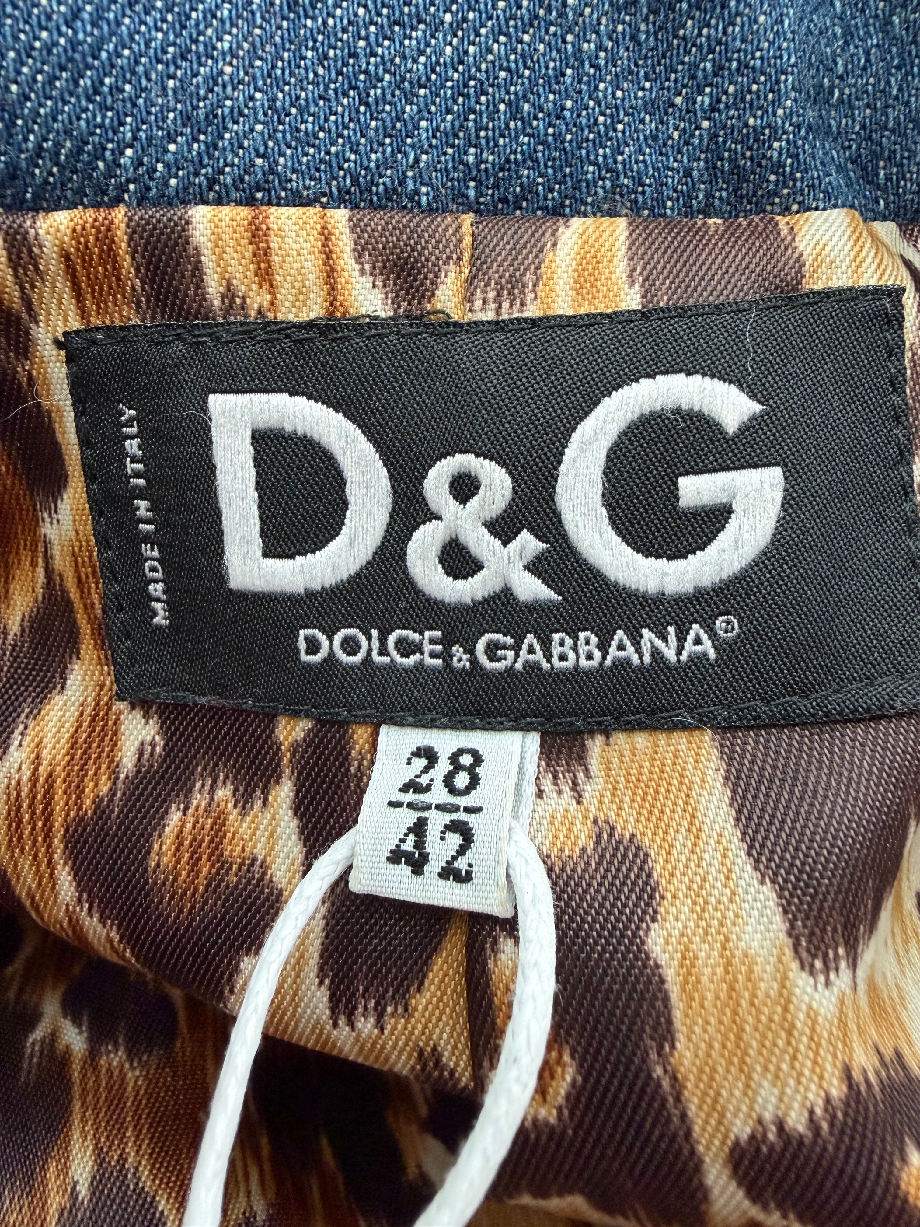 D&G Dolce & Gabbana Red Wool Bouclé & Denim Jacket with Leopard Lining