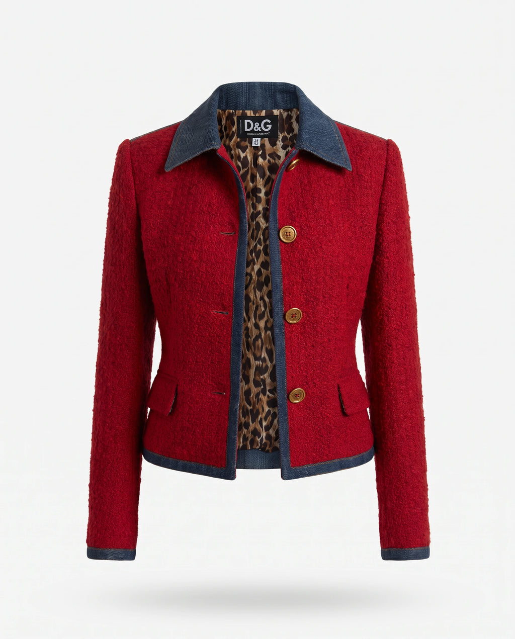 D&G Dolce & Gabbana Red Wool Bouclé & Denim Jacket with Leopard Lining