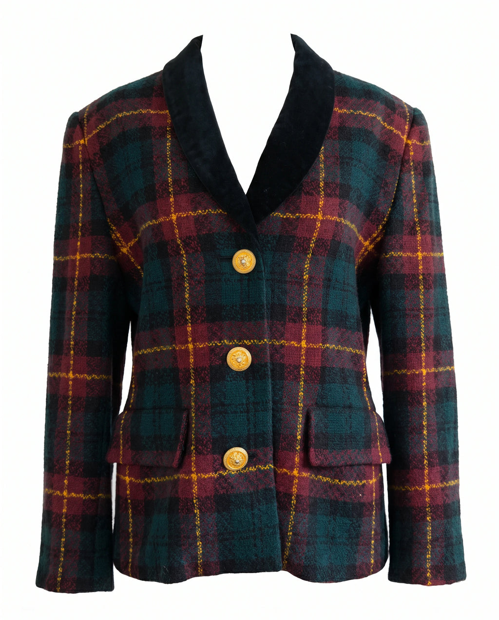 Vintage Albert Nipon Petite Suits Plaid Wool Blazer with Velvet Collar & Gold Crest Buttons