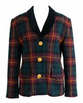 Vintage Albert Nipon Petite Suits Plaid Wool Blazer with Velvet Collar & Gold Crest Buttons