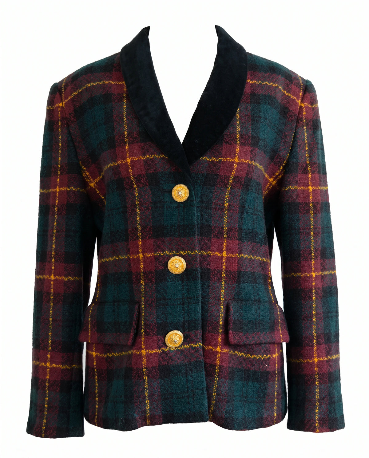 Vintage Albert Nipon Petite Suits Plaid Wool Blazer with Velvet Collar & Gold Crest Buttons
