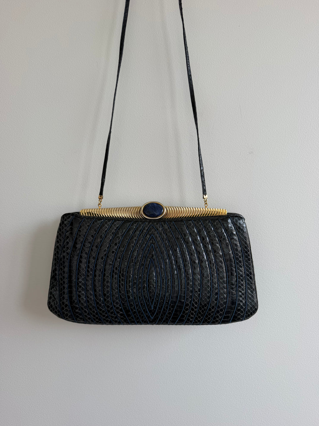 Vintage Judith Leiber Navy Snake Skin Shoulder Bag with Blue Cabochon Clasp