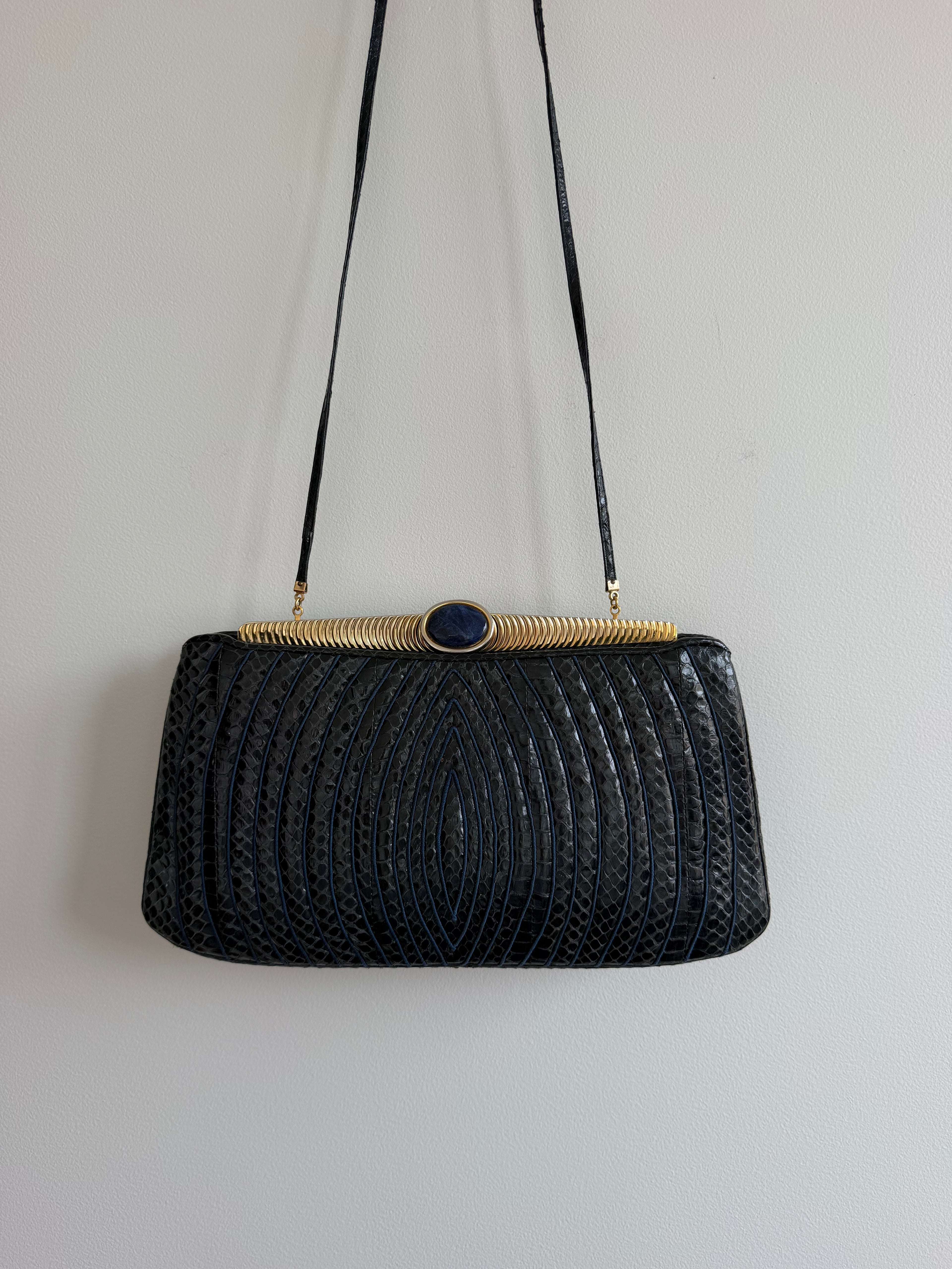Vintage Judith Leiber Navy Snake Skin Shoulder Bag with Blue Cabochon Clasp