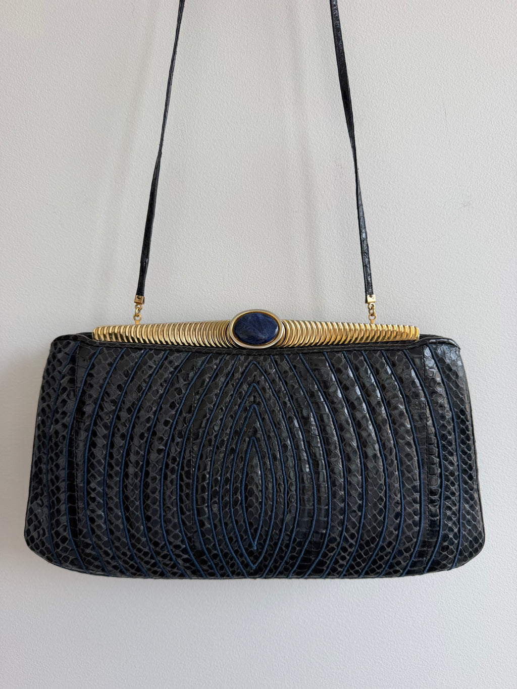 Vintage Judith Leiber Navy Snake Skin Shoulder Bag with Blue Cabochon Clasp