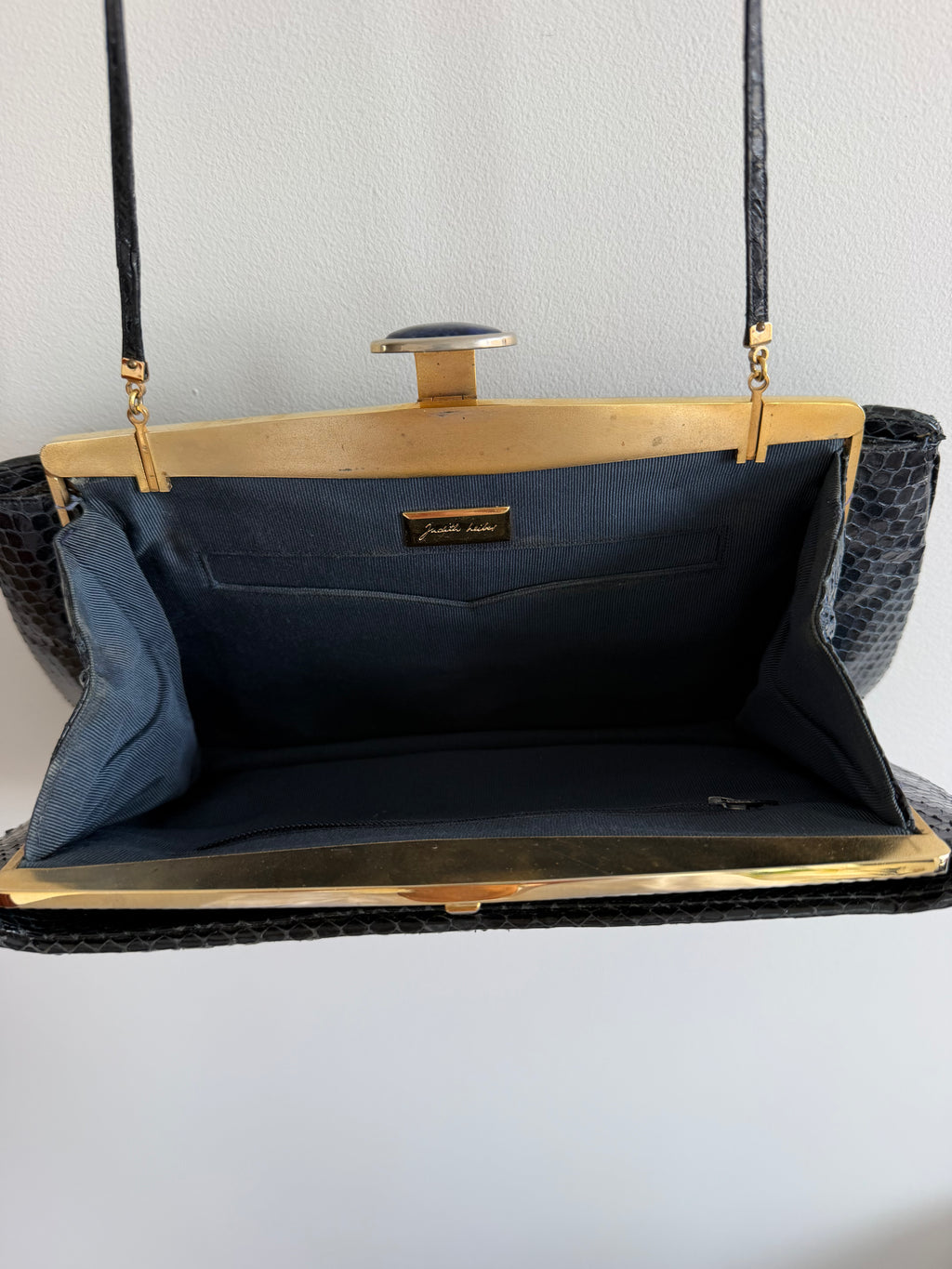 Vintage Judith Leiber Navy Snake Skin Shoulder Bag with Blue Cabochon Clasp