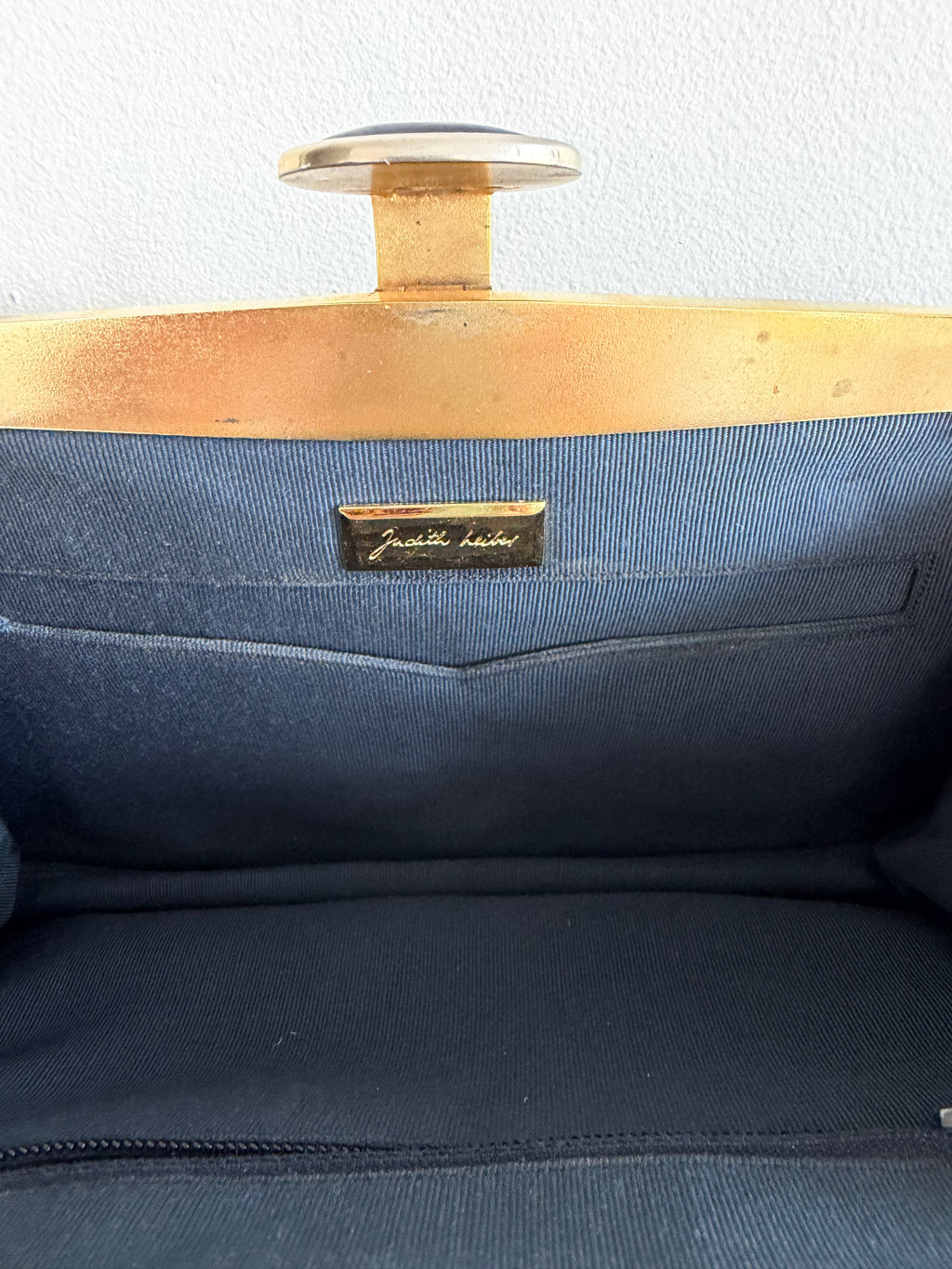 Vintage Judith Leiber Navy Snake Skin Shoulder Bag with Blue Cabochon Clasp