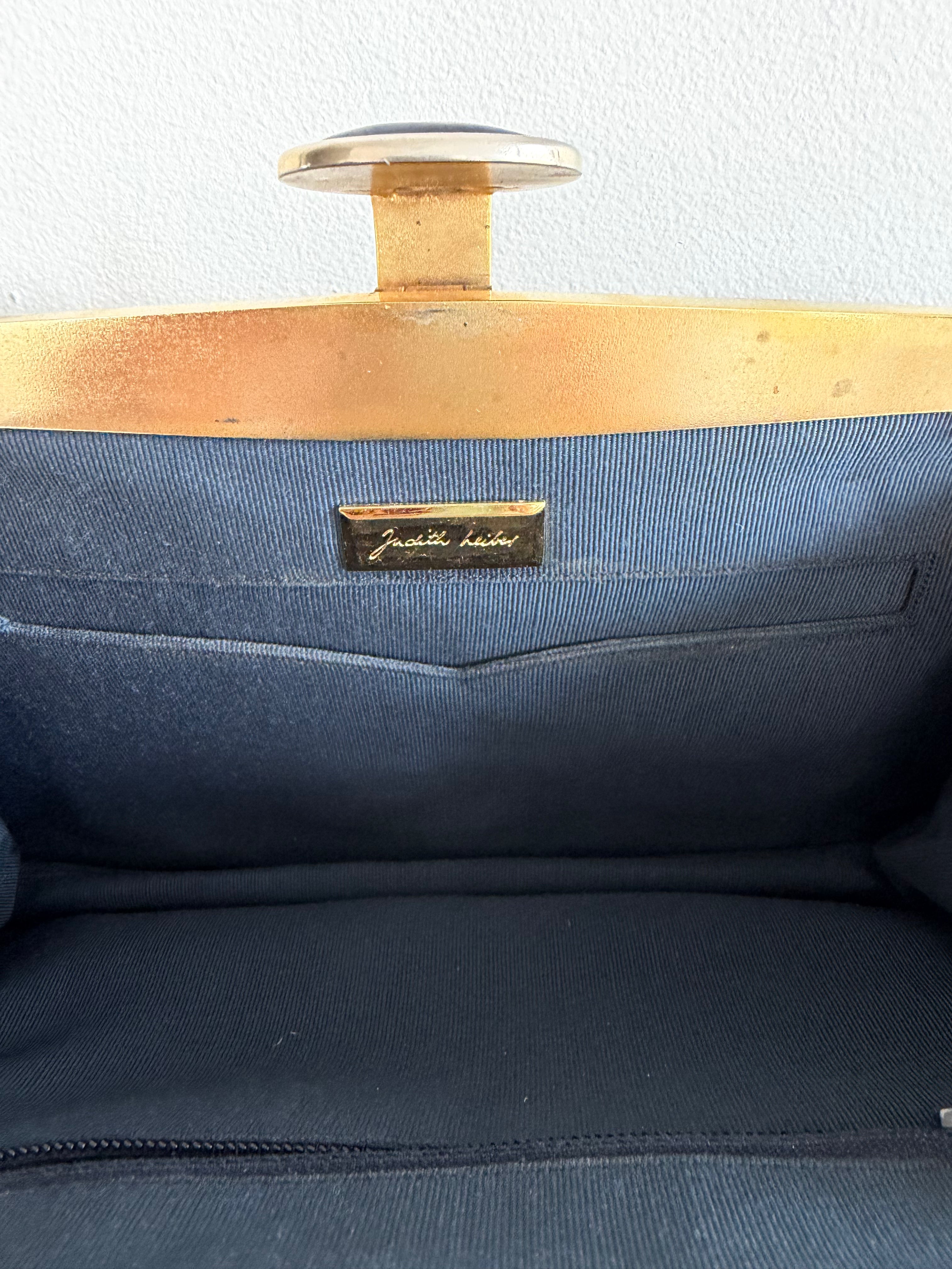 Vintage Judith Leiber Navy Snake Skin Shoulder Bag with Blue Cabochon Clasp