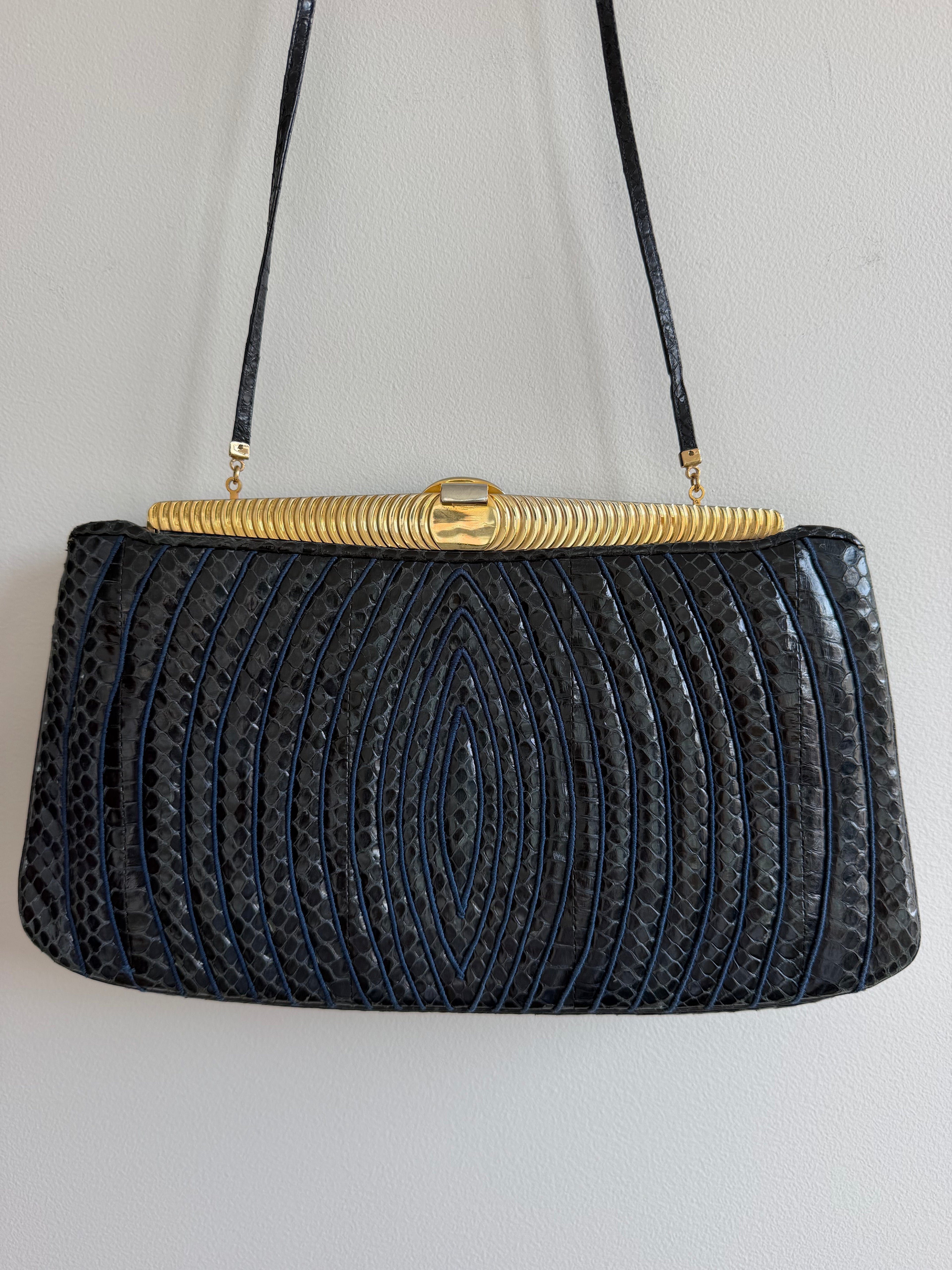 Vintage Judith Leiber Navy Snake Skin Shoulder Bag with Blue Cabochon Clasp