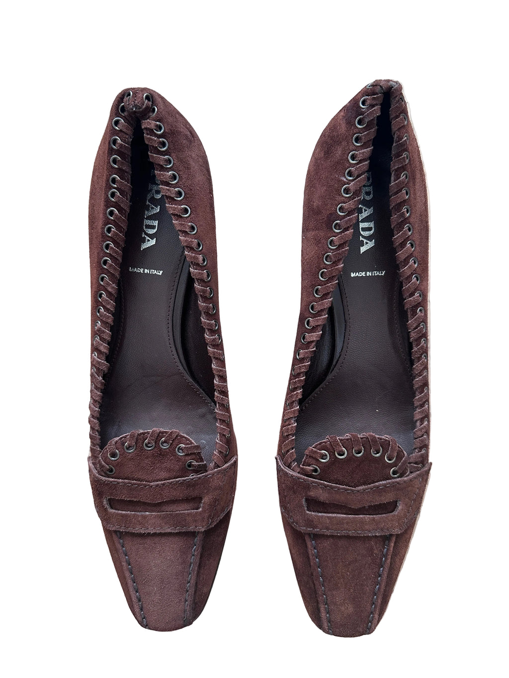 Prada Brown Suede Whipstitch Loafer Pumps - Late 90s/early 2000s